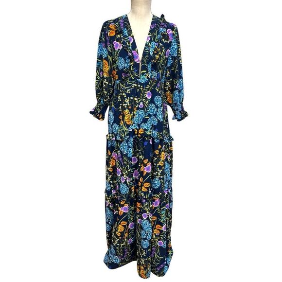 MELLODAY V-Neck Tiered Navy Multicolored Maxi Dress 
Size XL - Picture 2 of 6